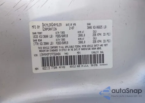 2007 Dodge Durango Slt z USA, uszkodzony, nr VIN 1D8HB48P37F550484